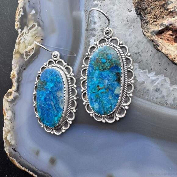 Sterling Silver Southwestern Style Oval Shattuckite Dangle Earrings For Women #1 - Picture 4 of 10